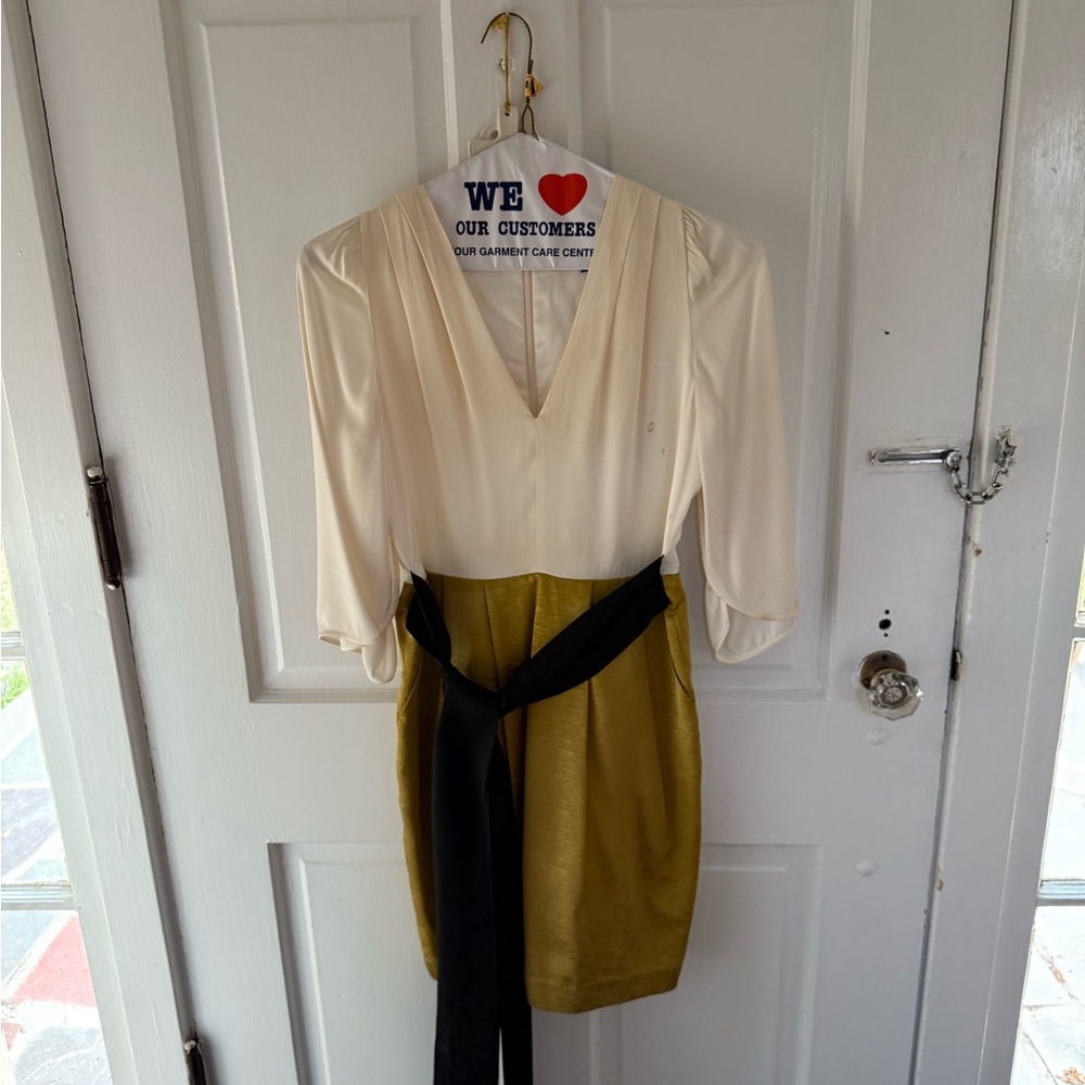 Twinkle by Wenlan Cream and Olive Blouse with Black Sash